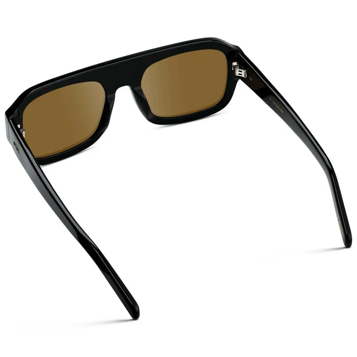 Black / Amber || Back view of Women's Chunky Rectangular Prescription Sunglasses with Black Acetate Frame and Amber Prescription Lens on a white background