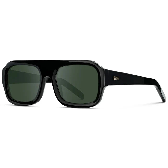 Black / G15 || Side view of Women's Chunky Rectangular Prescription Sunglasses with Black Acetate Frame and Green Prescription Lens on a white background