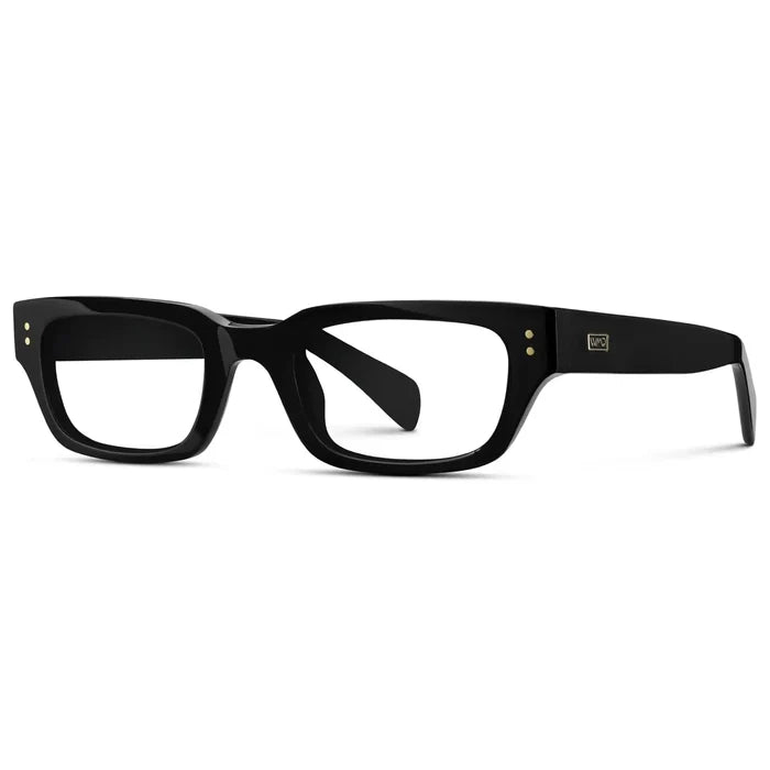Black || Side view of Women's Rectangular Prescription Eyeglasses with Black Frame and Clear Lenses on a white background
