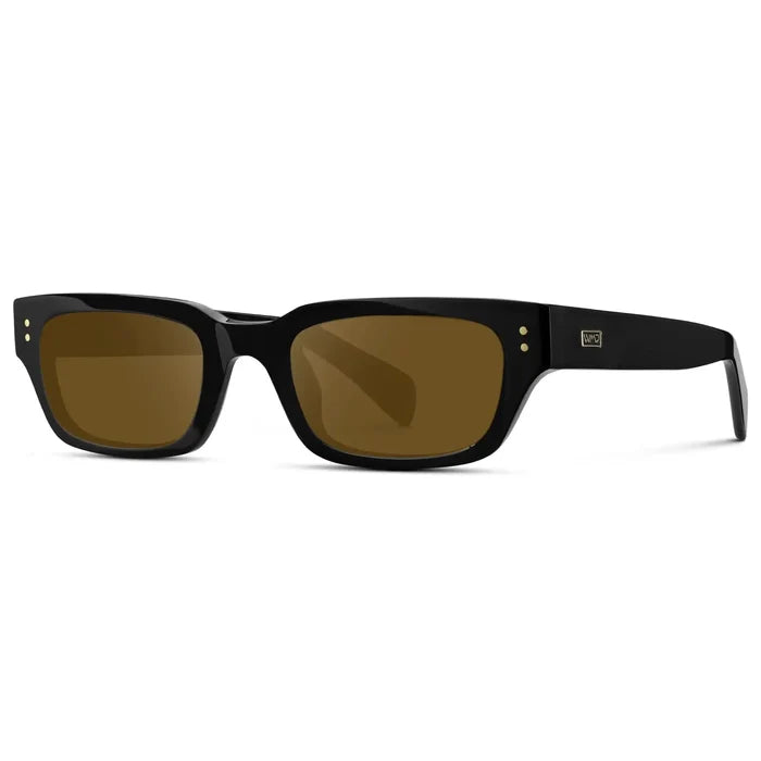 Black / Amber || Side view of Women's Rectangular Prescription Sunglasses with Black Frame and Amber Prescription Lens on a white background