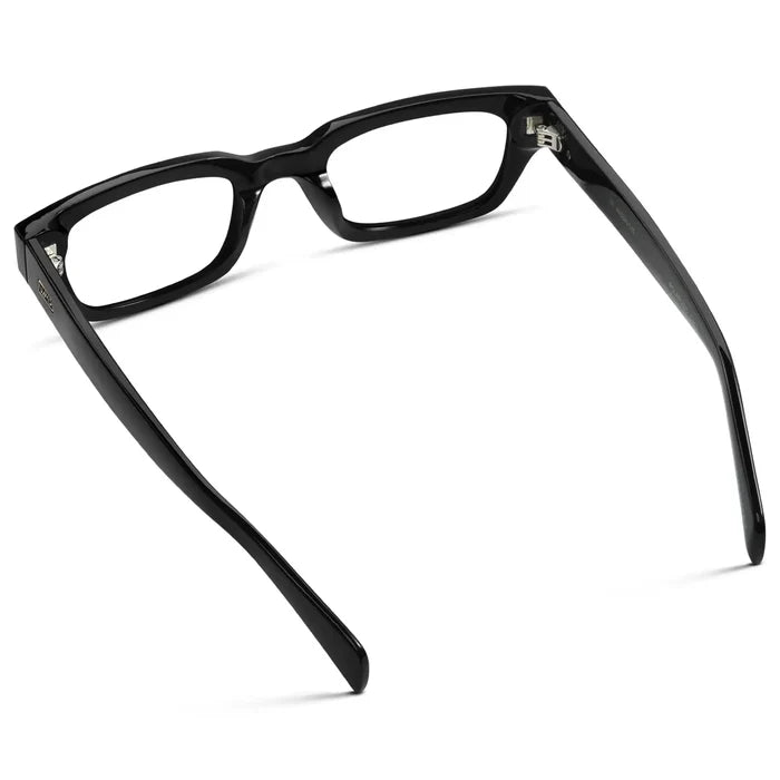 Black || Back view of Women's Rectangular Prescription Eyeglasses with Black Frame and Clear Lenses on a white background