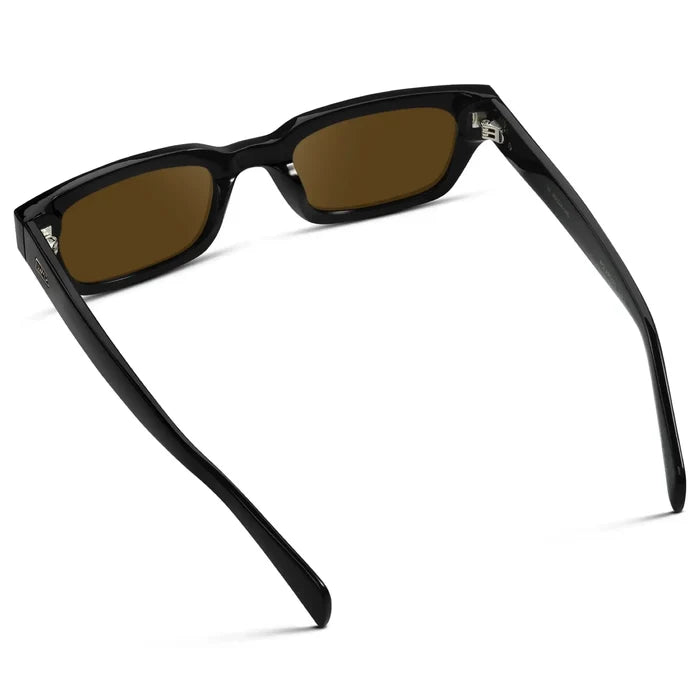 Black / Amber || Back view of Women's Rectangular Prescription Sunglasses with Black Frame and Amber Prescription Lens on a white background