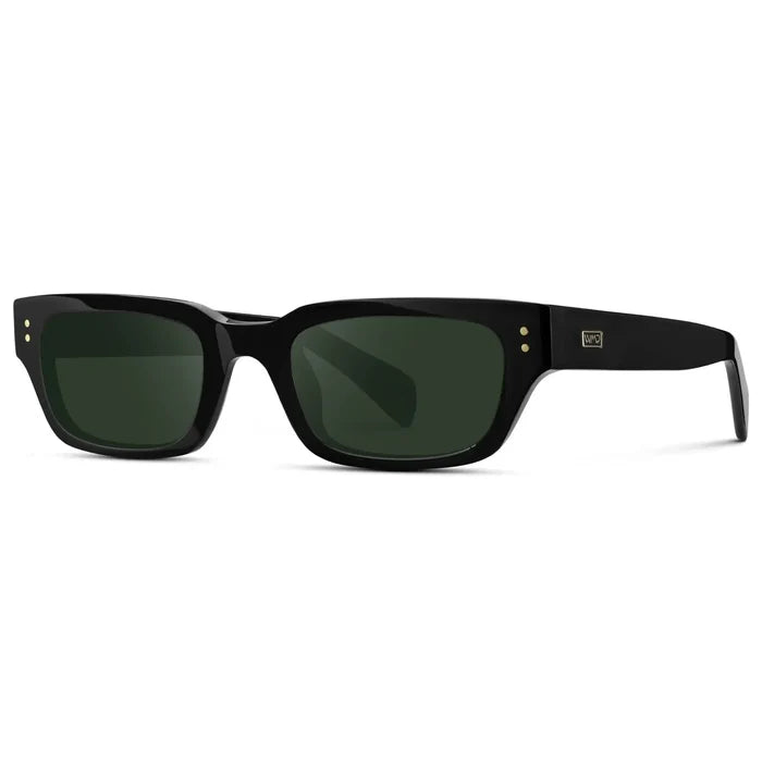 Black / G15 || Side view of Women's Rectangular Prescription Sunglasses with Black Frame and Green Prescription Lens on a white background