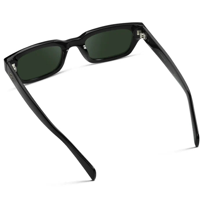 Black / G15 || Back view of Women's Rectangular Prescription Sunglasses with Black Frame and Green Prescription Lens on a white background