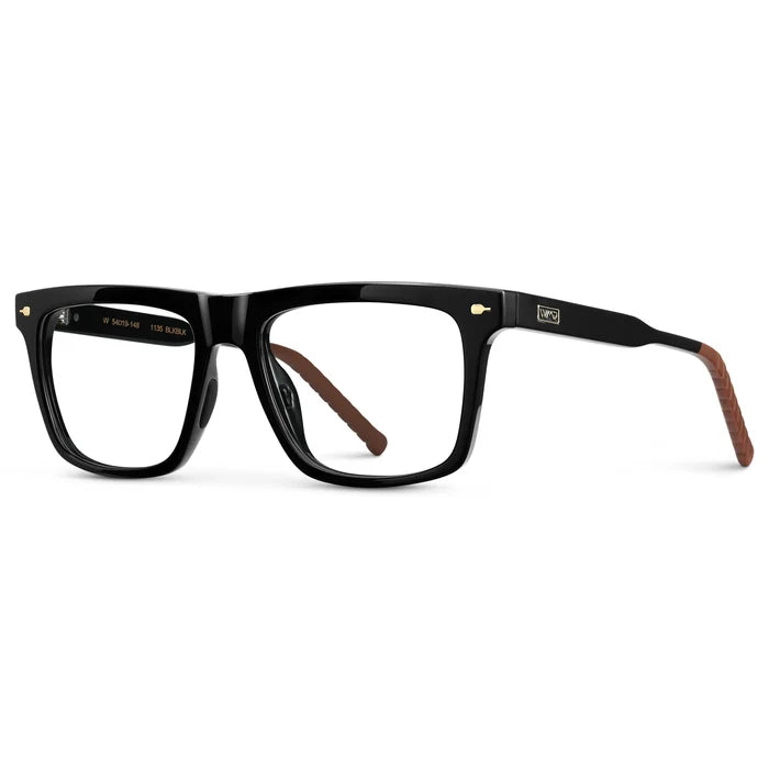 Black || Side view of Men's Classic Rectangular Prescription Eyeglasses with Black Frame and Clear Lens on a white background