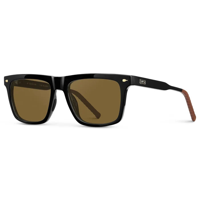 Black / Amber || Side view of Men's Classic Rectangular Prescription Sunglasses with Black Frame and Brown Lens on a white background