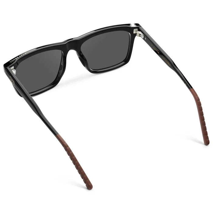 Black / Grey || Back view of Men's Classic Rectangular Prescription Sunglasses with Black Frame and Grey Lens on a white background