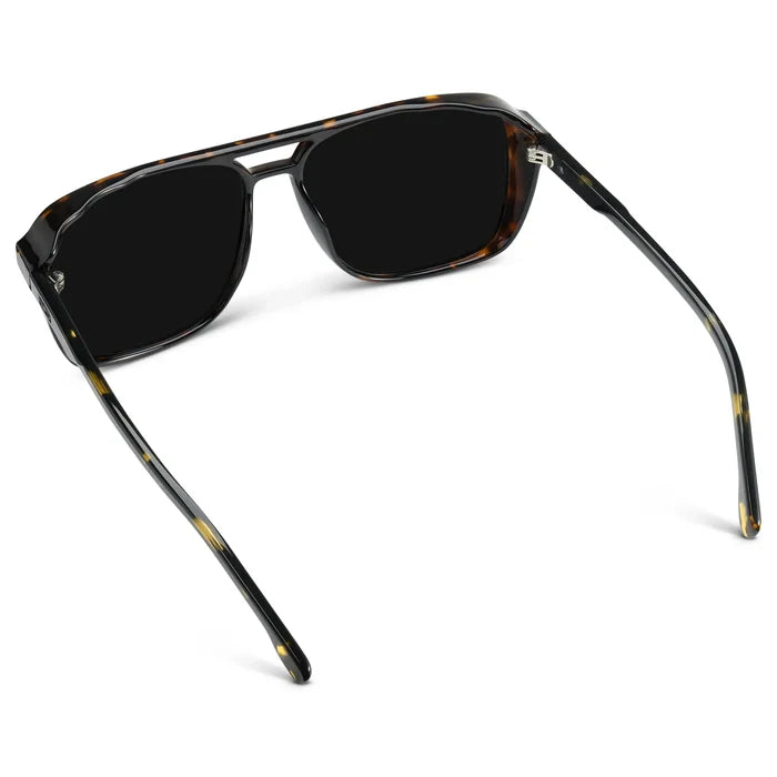 Obsidian Gold Tortoise / Triple Black Lens || Back view of Obsidian Gold Tortoise Square Aviator Sunglasses with Black Polarized Lenses