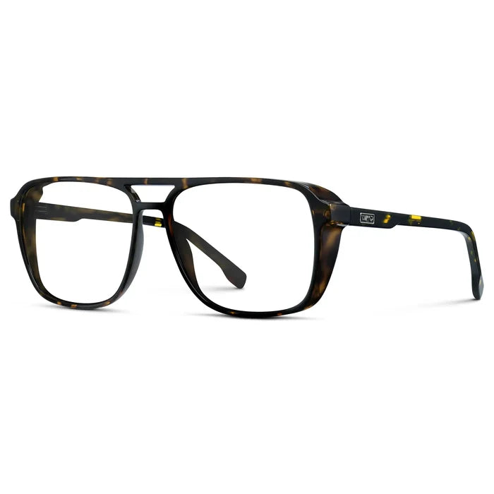 Obsidian Gold Tortoise || Side view of Obsidian Gold Tortoise Square Aviator Prescription Glasses with Clear Lenses on a white background