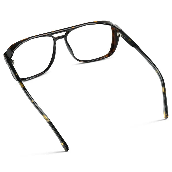 Obsidian Gold Tortoise || Back view of Obsidian Gold Tortoise Square Aviator Prescription Glasses with Clear Lenses on a white background