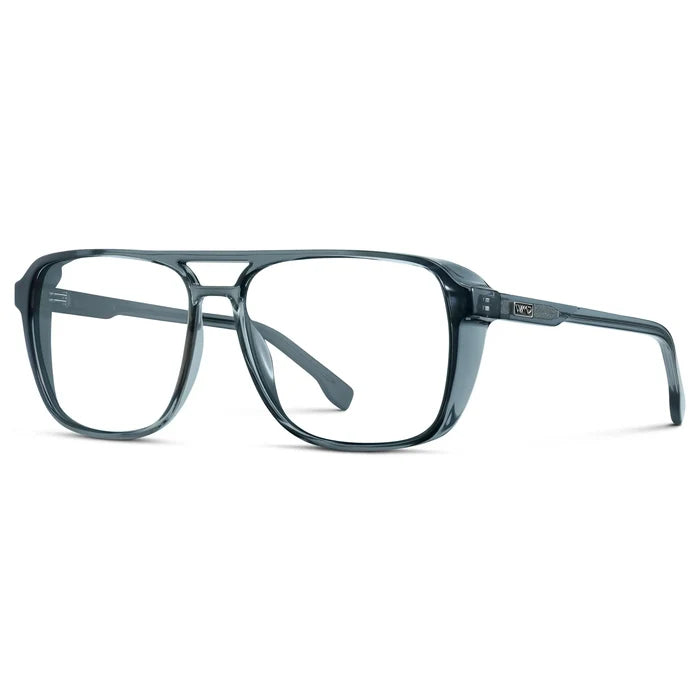Stone Blue || Side view of Stone Blue Men's Square Aviator Prescription Glasses with Clear Lenses on a white background