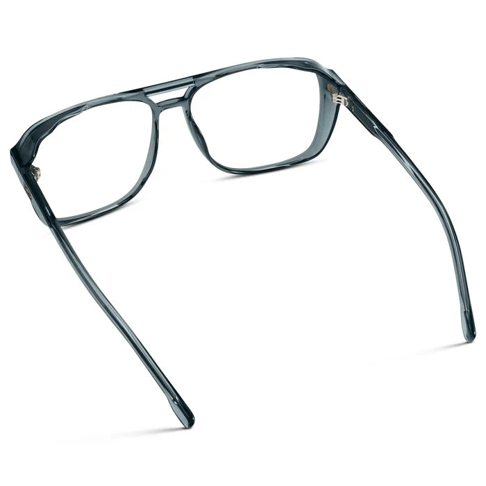 Stone Blue || Back view of Stone Blue Men's Square Aviator Prescription Glasses with Clear Lenses on a white background