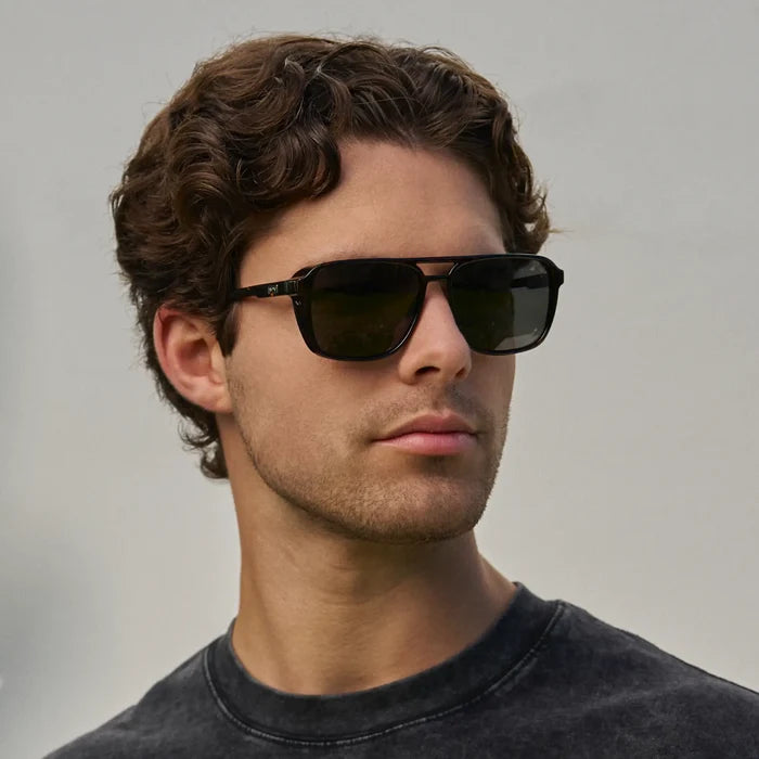 Obsidian Gold Tortoise / Grey || Man wearing Obsidian Gold Tortoise Square Aviator Prescription Sunglasses with Grey Lenses