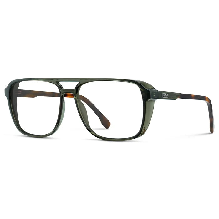 Tortoise Sage || Side view of Tortoise Sage Men's Square Aviator Prescription Glasses with Clear Lenses on a white background