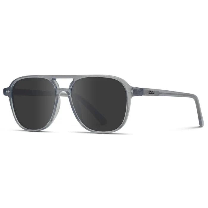 Crystal Mist / Grey || Side view of Women's Square Frame Prescription Sunglasses in Crystal Mist Frame and Grey Lenses on a white background