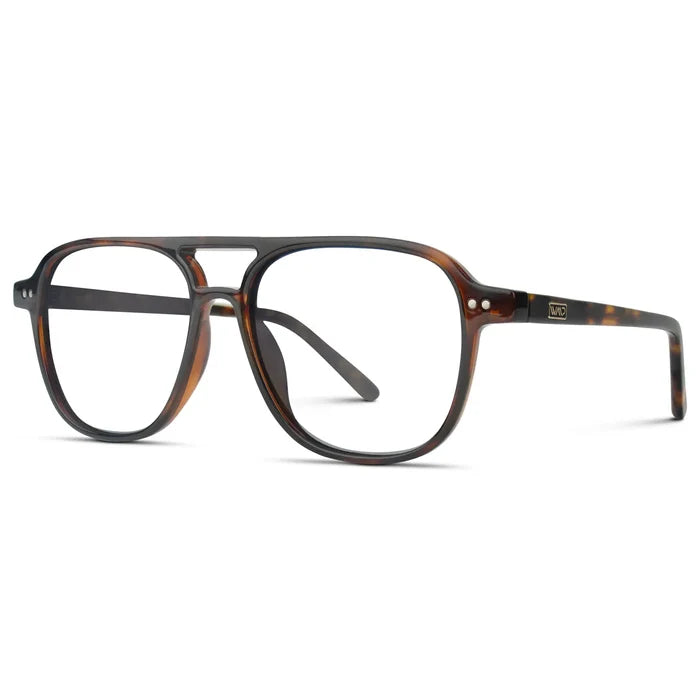 Whiskey Brown Tortoise || Side view of Women's Oversized Aviator Prescription Glasses with Whiskey Brown Tortoise Frame and Clear Lenses on a white background