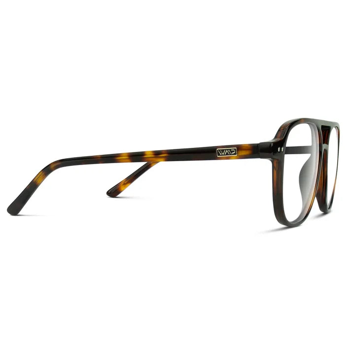 Whiskey Brown Tortoise || Temple view of Women's Oversized Aviator Prescription Glasses with Whiskey Brown Tortoise Frame and Clear Lenses on a white background