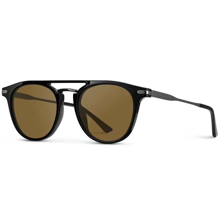 Black / Amber || Side view of Men's Round Prescription Sunglasses with Black Frame and Amber Lenses on a white background