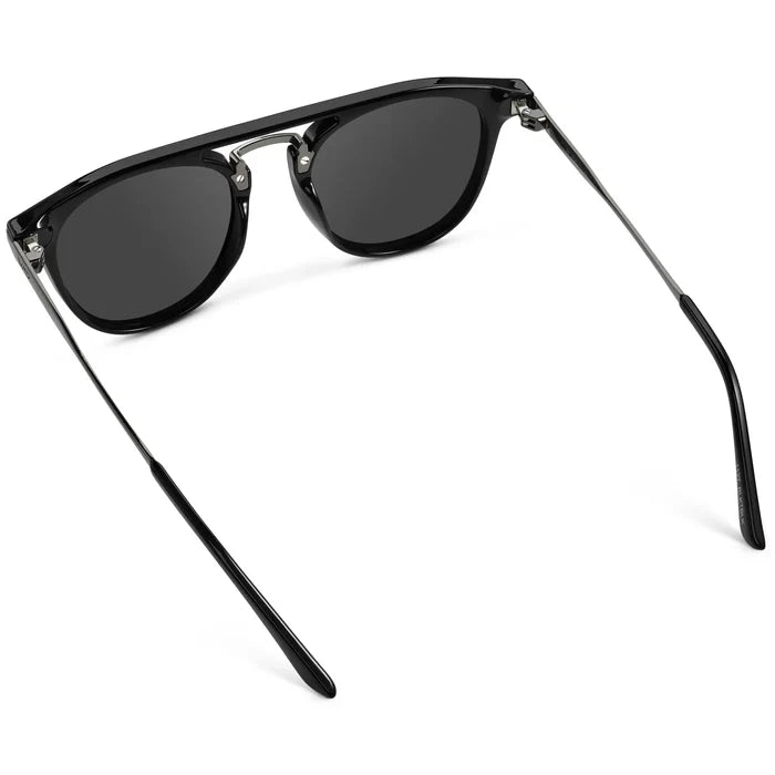 Black / Grey || Back view of Men's Round Prescription Sunglasses with Black Frame and Grey Lenses on a white background