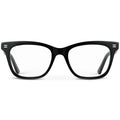 Black || Women's retro cat-eye black acetate frames with clear blue light blocking lens on a white background