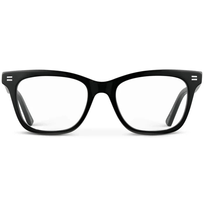 Black || Women's retro cat-eye black acetate frames with clear blue light blocking lens on a white background