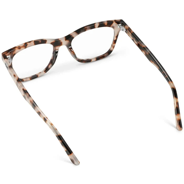 Blush Pink Tortoise || Back view of Women's retro cat-eye blush pink tortoise frame with clear blue light blocking lens on a white background