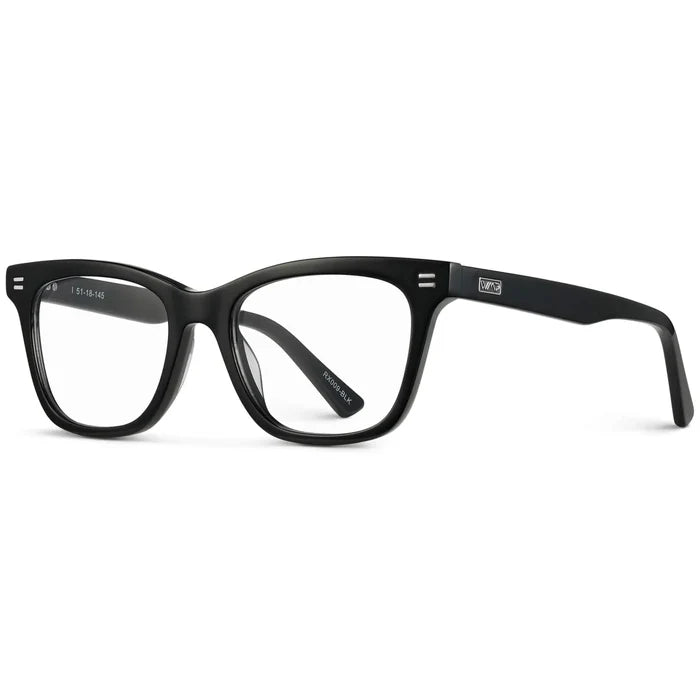 Black || Side view of Women's Prescription Retro Cat-eye Eyeglasses with Black Acetate Frame and Clear Lens on a white background