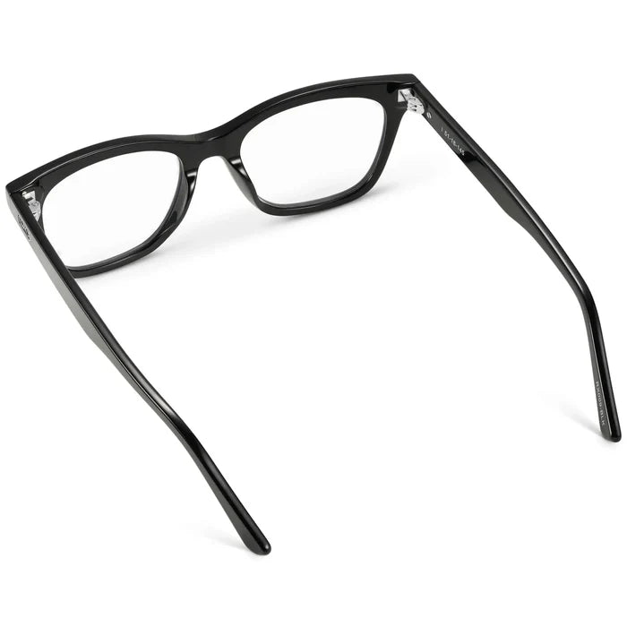 Black || Back view of Women's Prescription Retro Cat-eye Eyeglasses with Black Acetate Frame and Clear Lens on a white background