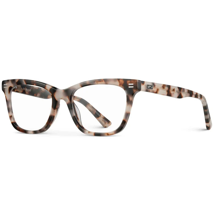 Blush Pink Tortoise || Side view of Women's Prescription Retro Cat-eye Eyeglasses with Blush Pink Tortoise Acetate Frame and Clear Lens on a white background