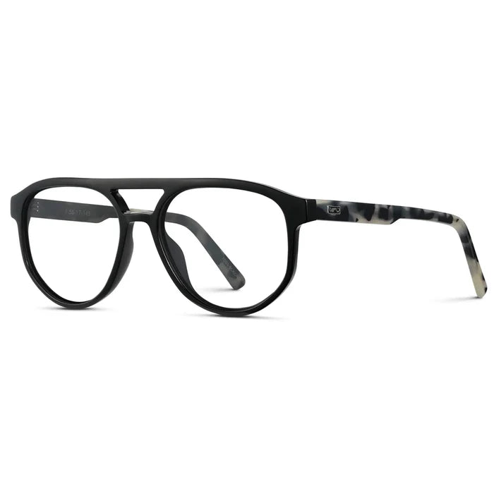 Black Beige Tortoise || Side view of Men's Modern Aviator Prescription Glasses with Black Acetate Frame and Clear Lens on a white background