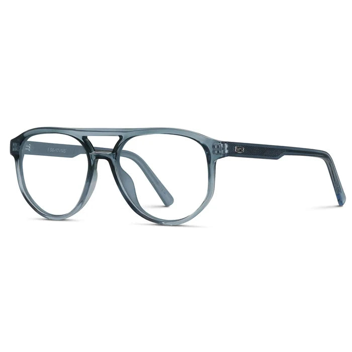 Chambray Blue || Side view of Men's Modern Aviator Prescription Glasses with Blue Acetate Frame and Clear Lens on a white background