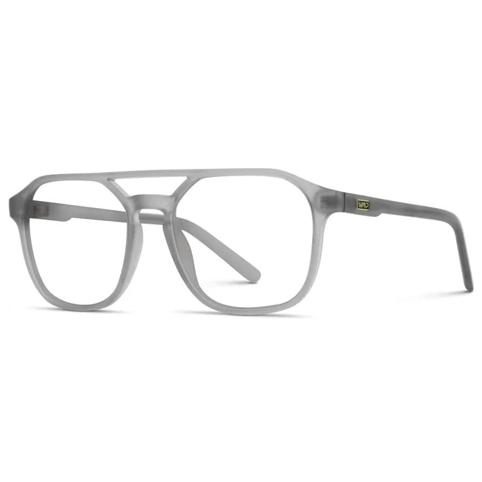 Moonrock Grey || Side view of Men's Double Bridge Geometric Square Prescription Eyeglasses with Grey Acetate Frame and Clear Lenses on a white background