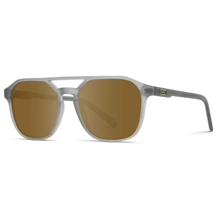 Moonrock Grey / Amber || Side view of Double Bridge Geometric Square Prescription Sunglasses with Grey Acetate Frame and Amber Lenses on a white background