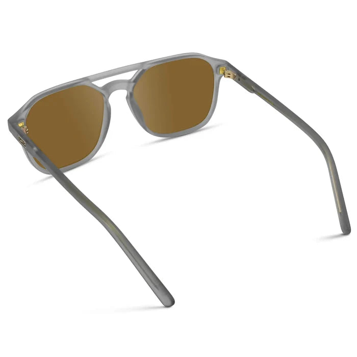 Moonrock Grey / Amber || Back view of Double Bridge Geometric Square Prescription Sunglasses with Grey Acetate Frame and Amber Lenses on a white background