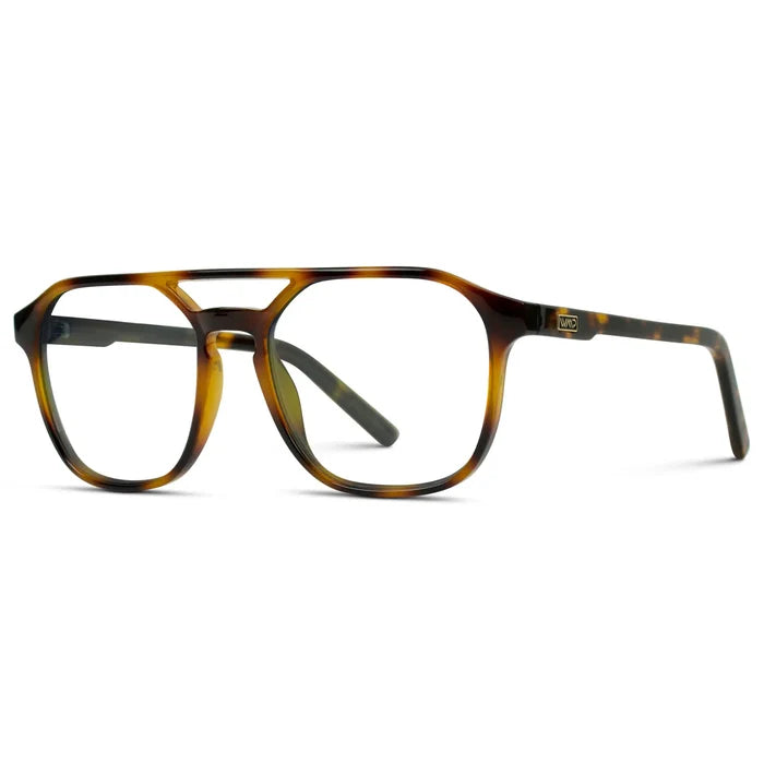 Whiskey Brown Tortoise || Side view of Men's Double Bridge Geometric Square Prescription Glasses with Whiskey Brown Tortoise Acetate Frame and Clear Lenses on a white background