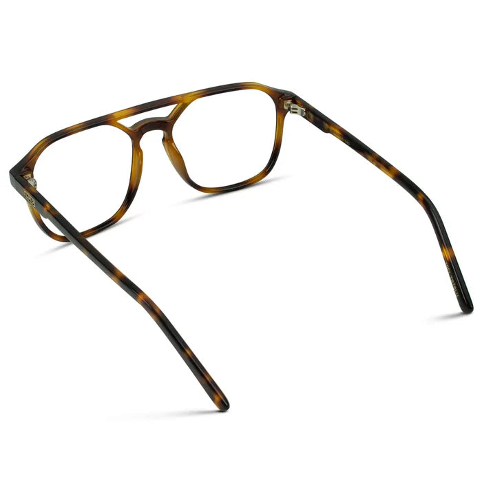 Whiskey Brown Tortoise || Back view of Men's Double Bridge Geometric Square Prescription Glasses with Whiskey Brown Tortoise Acetate Frame and Clear Lenses on a white background