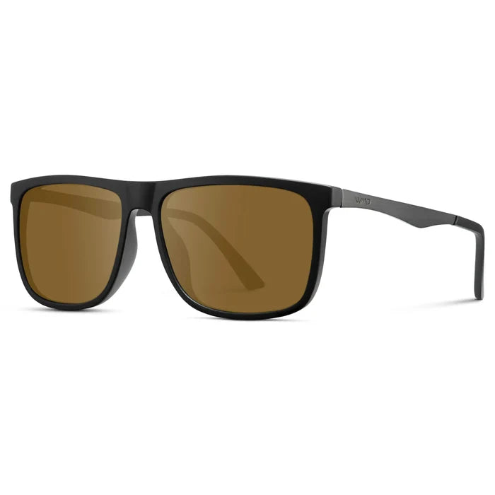 Jade Black / Amber || Side view of Men's Prescription Sunglasses with Jade Black Polycarbonate and Stainless Steel Frame and Amber Prescription Lens on a white background