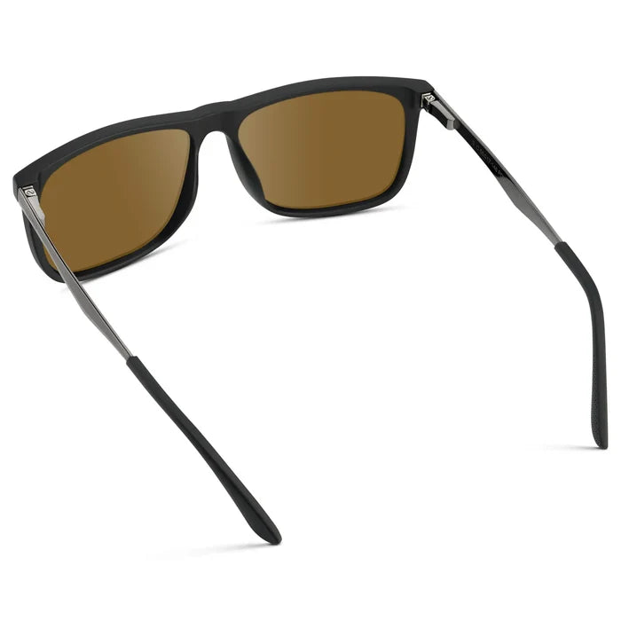 Jade Black / Amber || Back view of Men's Prescription Sunglasses with Jade Black Polycarbonate and Stainless Steel Frame and Amber Prescription Lens on a white background
