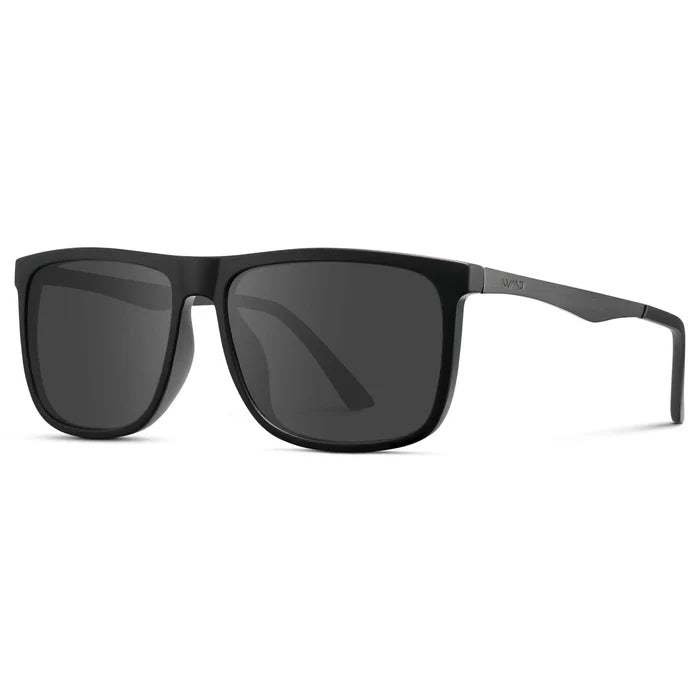 Jade Black / Grey || Side view of Men's Prescription Sunglasses with Jade Black Polycarbonate and Stainless Steel Frame and Grey Prescription Lens on a white background