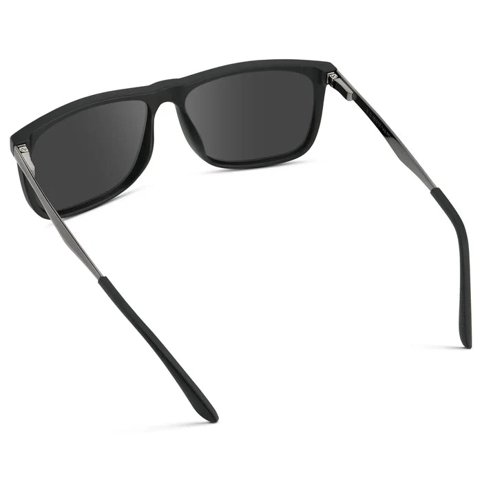 Jade Black / Grey || Back view of Men's Prescription Sunglasses with Jade Black Polycarbonate and Stainless Steel Frame and Grey Prescription Lens on a white background