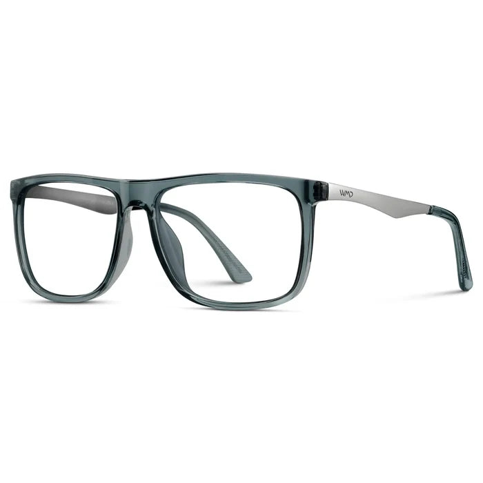 Stone Blue || Side view of Men's Square Eyeglasses with Stone Blue Frame and Clear Prescription Lens on a white background