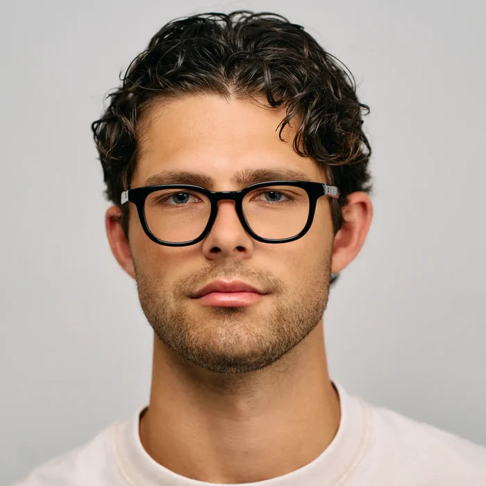 Black || Model wearing Men's Square Prescription Eyeglasses with Black Acetate Frame and Clear Lens