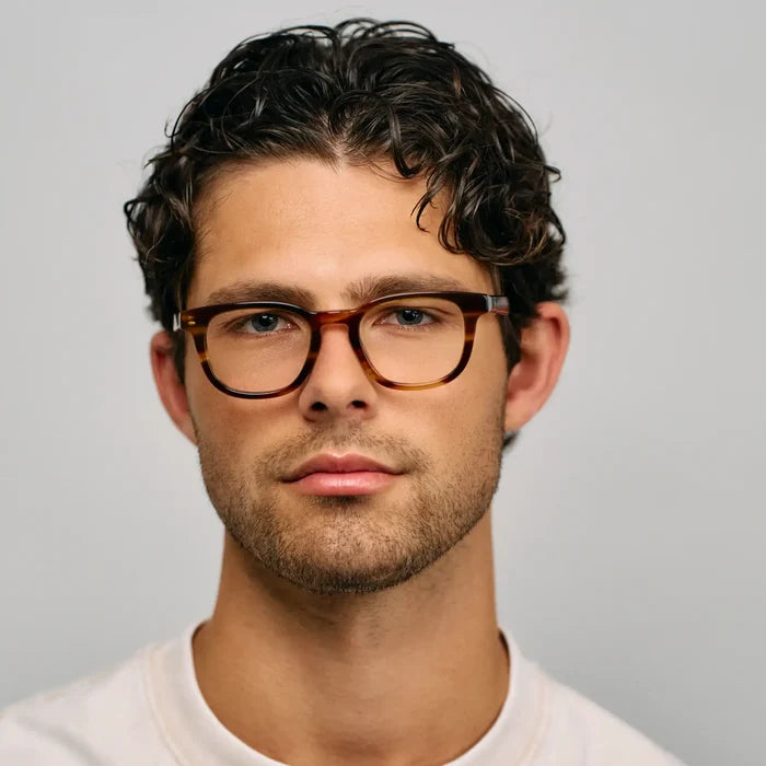 Golden Brown Grain || Model wearing Men's Square Prescription Eyeglasses with Golden Brown Grain Acetate Frame and Clear Lens