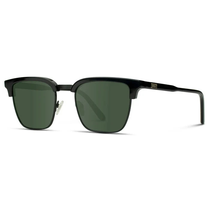 Black / Smoke Green Lens || Retro Black Browline Sunglasses with Green Polarized Lenses