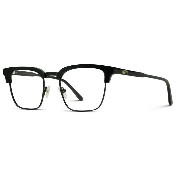 Black || Side view of Men's Horn Rimmed Prescription Glasses with Black Frame and Clear Lenses on a white background