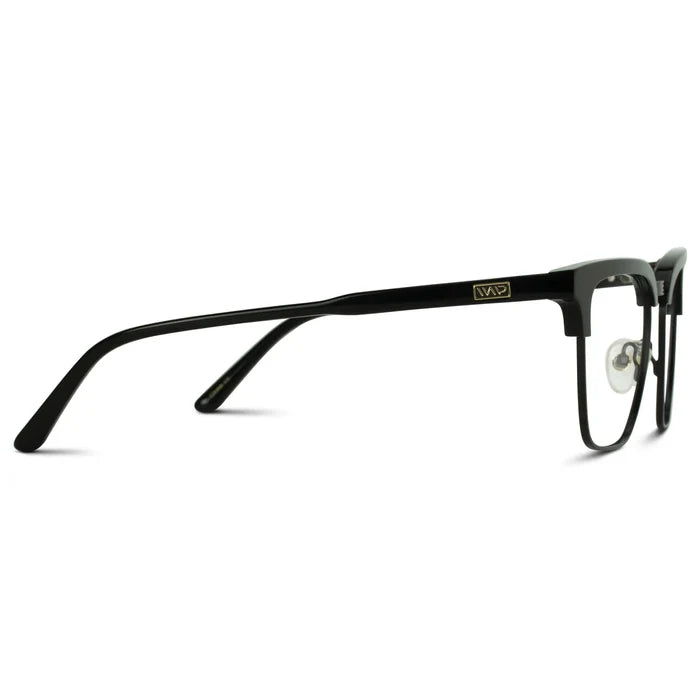 Black || Temple view of Men's Horn Rimmed Prescription Glasses with Black Frame and Clear Lenses on a white background