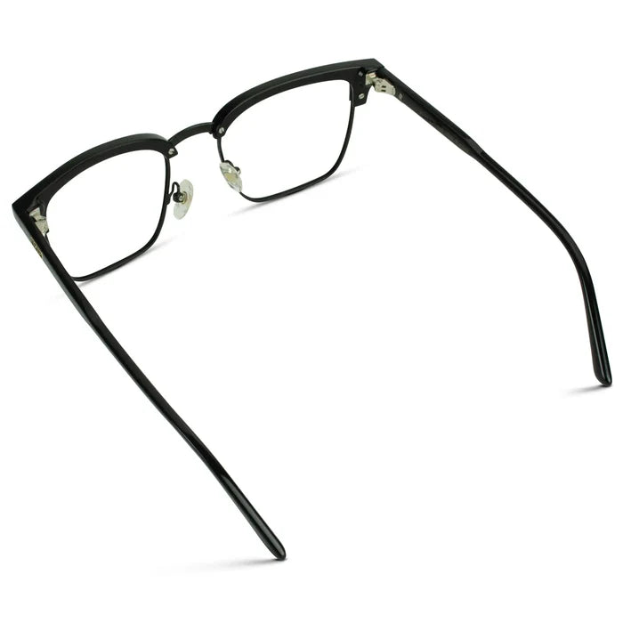 Black || Back view of Men's Horn Rimmed Prescription Glasses with Black Frame and Clear Lenses on a white background