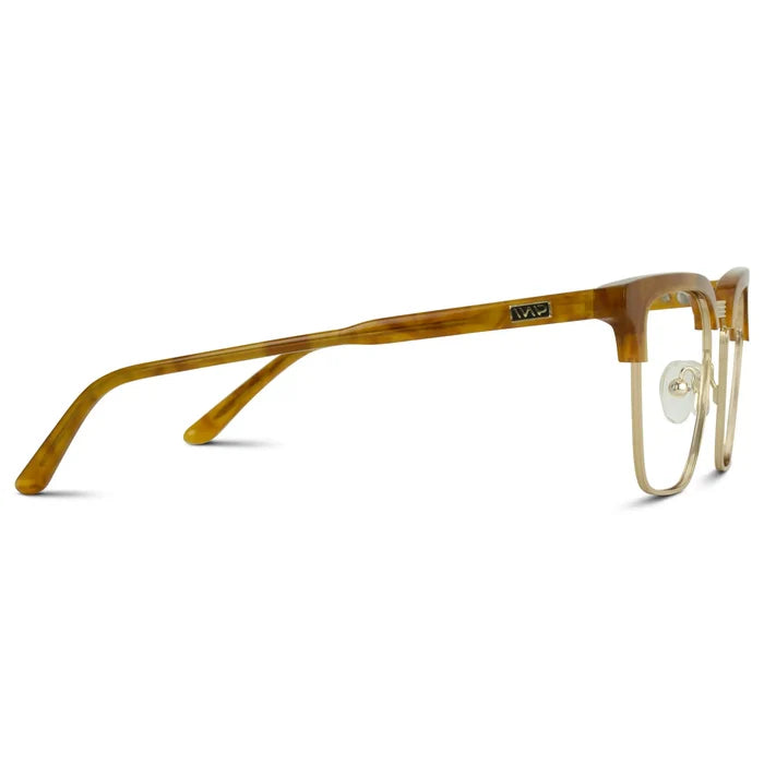 Savana Tortoise || Temple view of Men's Horn Rimmed Prescription Glasses with Savana Tortoise Frame and Clear Lenses on a white background