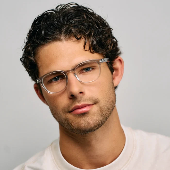 Ice Grey || Male Model wearing Men's Rounded Rectangular Blue Light Blocking Glasses with Ice Grey Acetate frame