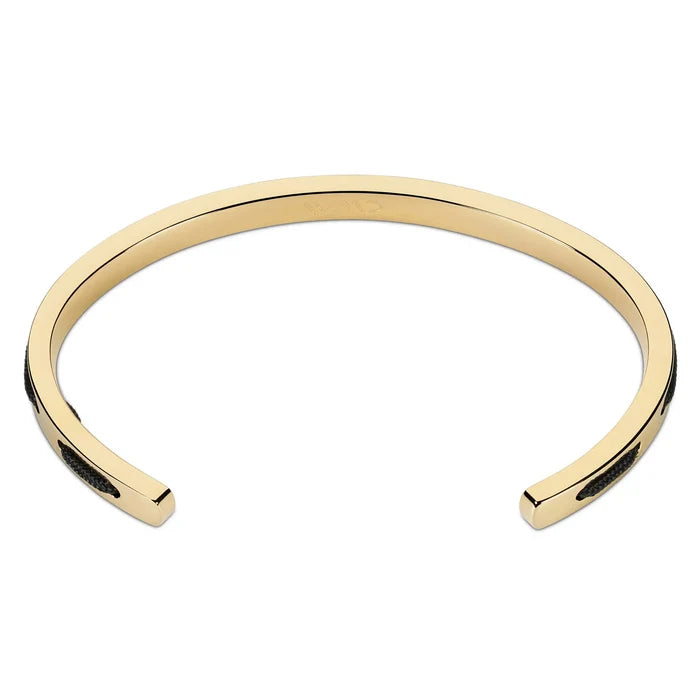 Gold / Onyx Black || Back view of the Minimalist Gold Men's Cuff Bracelet with Black Rope Detail on a white background